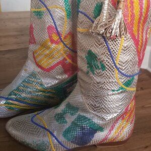 Vintage Italian Metallic Snakeskin Boots | Hand-Painted Abstract 80s Statement |